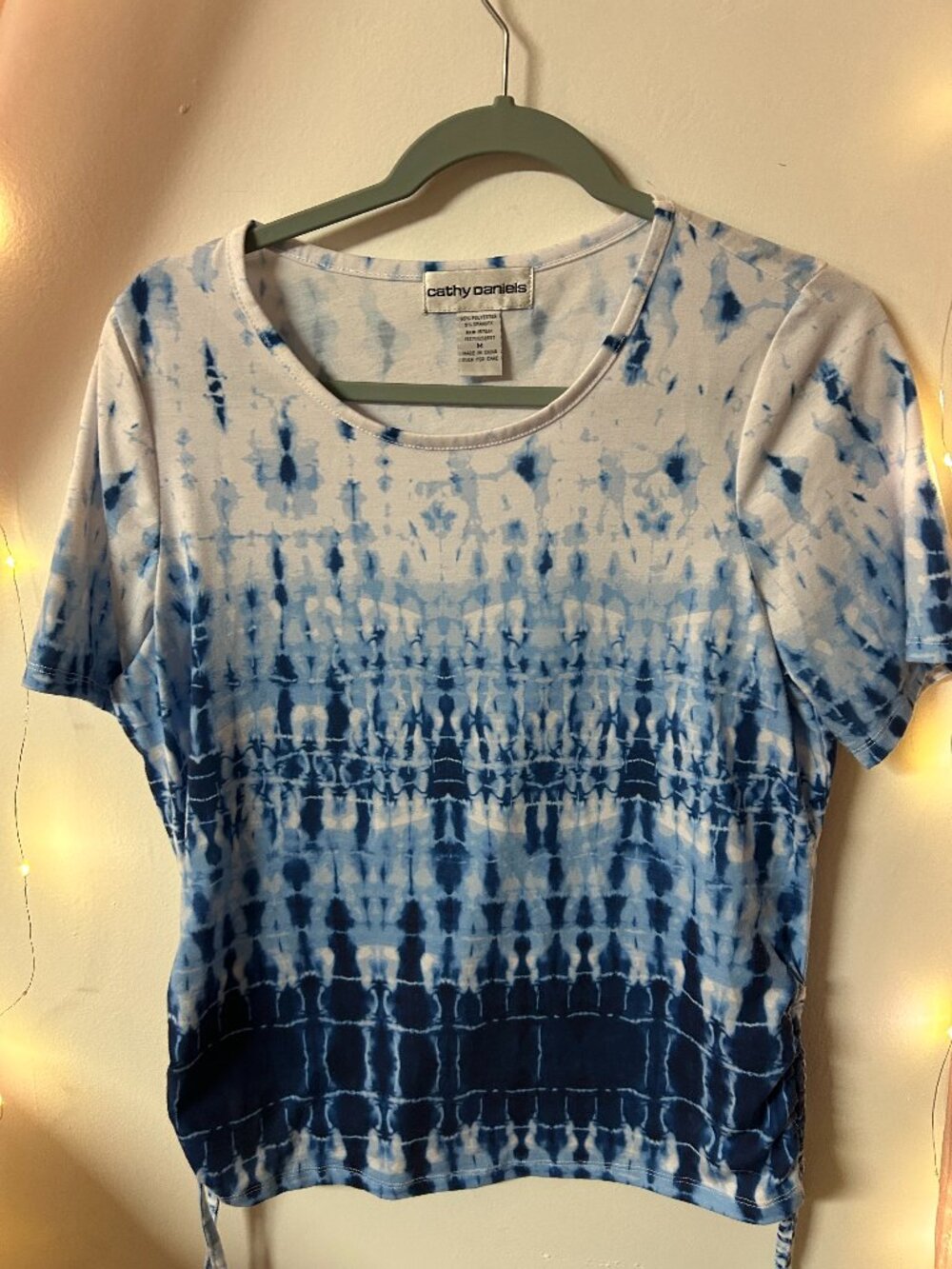Cathy Daniels Blue Tie Dye Side Ruched Stretch Top Size Medium